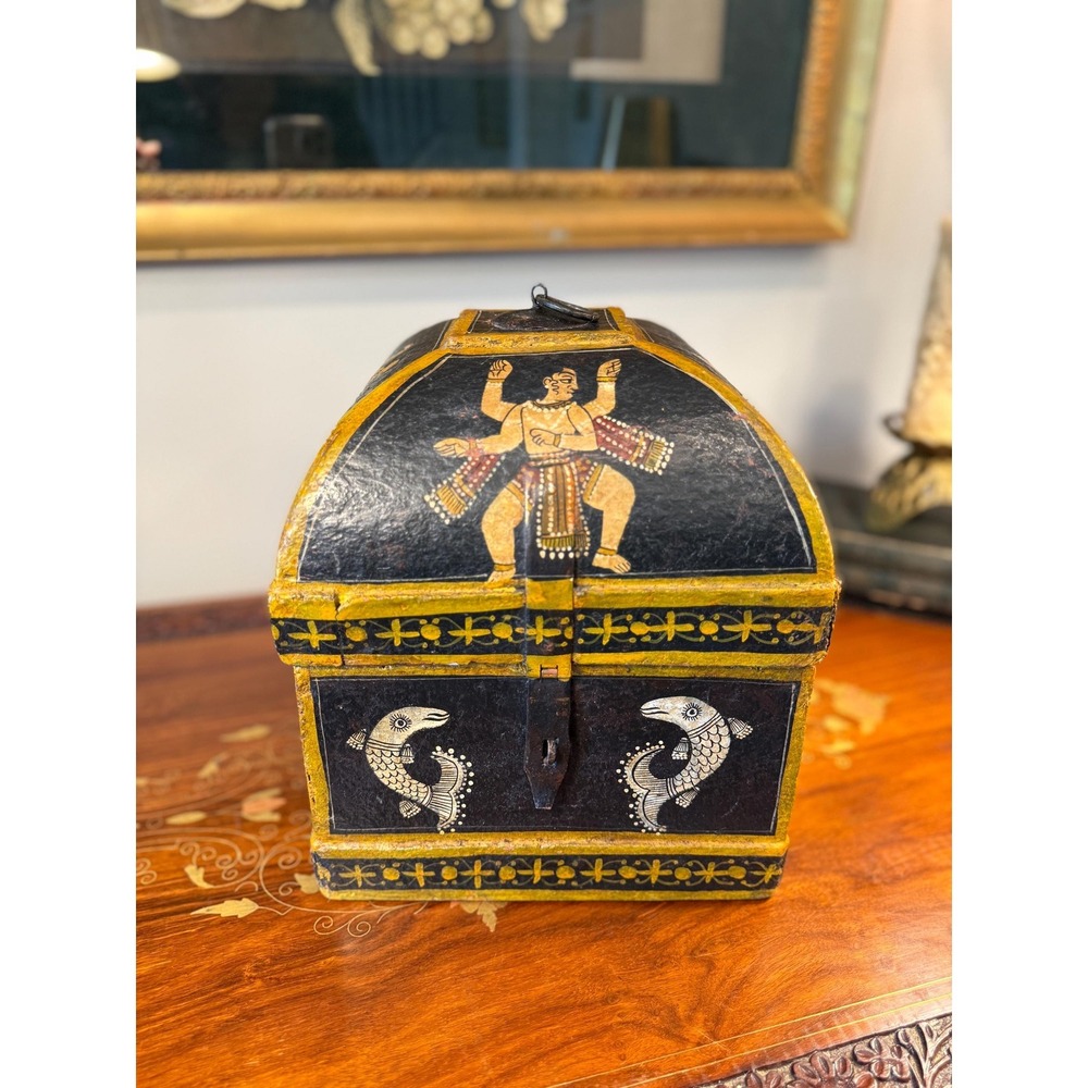 Vintage Indian Hand Painted Papier Mache Dome Chest Folk Art Iron Hardware